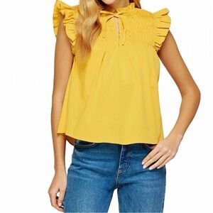 Strut & Bolt Smocked Ruffled Poplin Sleeveless Top In Yellow